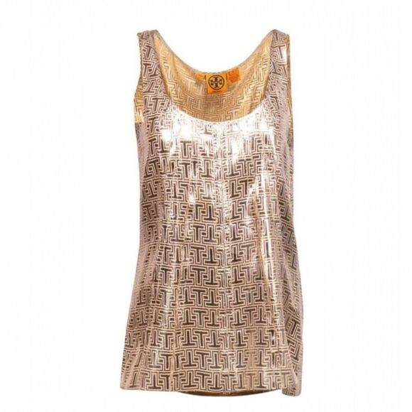 Tory Burch Women's Gold T Metallic Sleeveless Blouse Tank Top Size 8 elegant - Picture 1 of 6